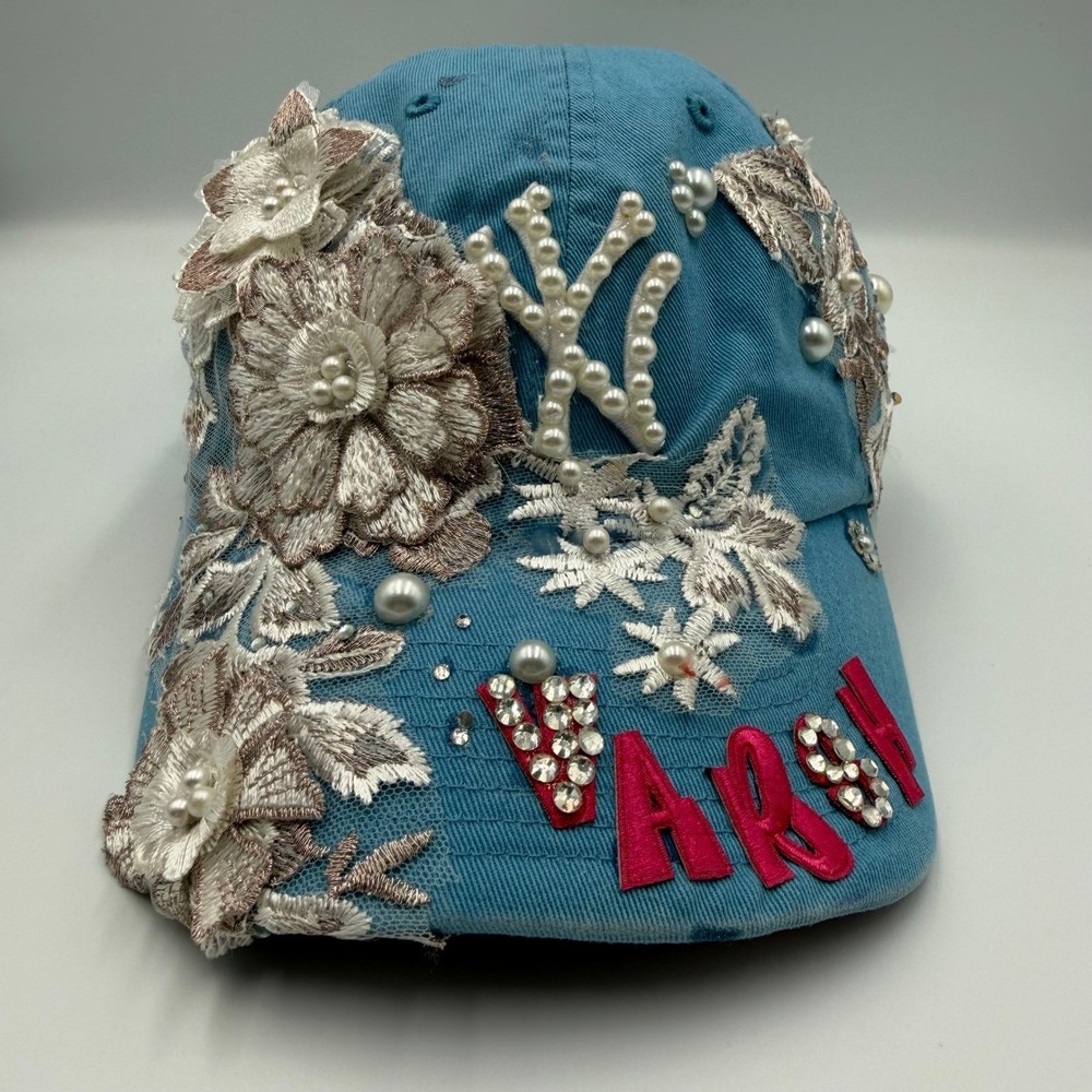 47 Brand Custom NY Floral Pearl Rhinestone Baseball Cap Hat Blue Pink OSFA